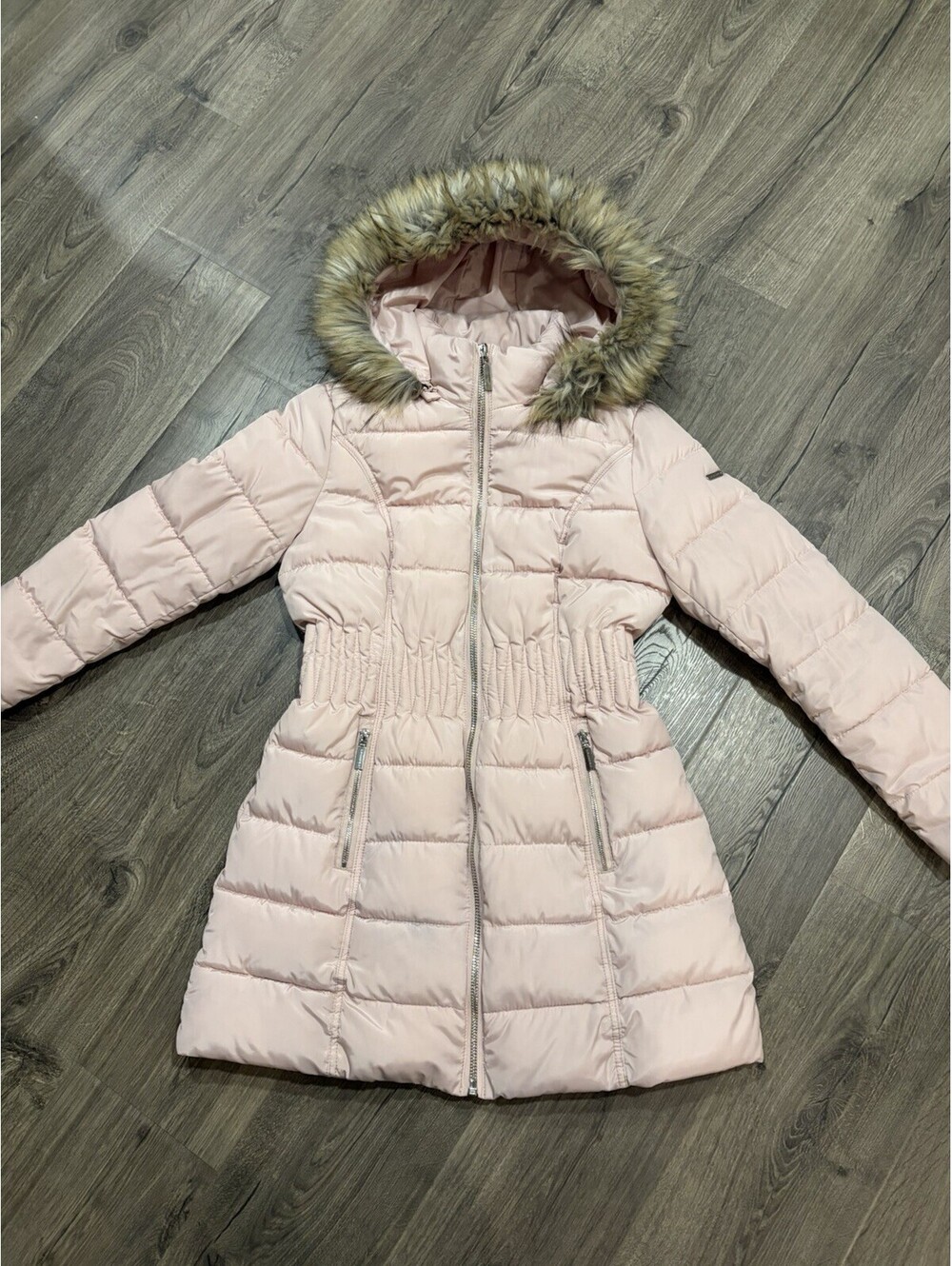 Laundry By Shelli Segal Women 3/4 Puffer Cinched Waist Faux Fur Hood Pink Sz M